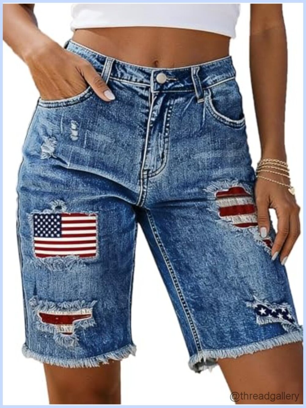 Mid Rise Ripped Bermuda Shorts with American Flag Patch Raw Hem